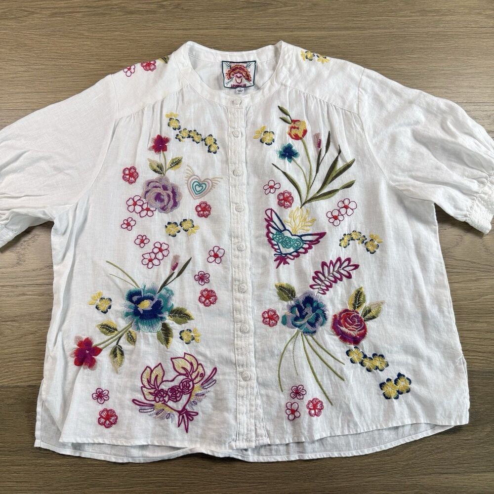 Johnny Was Linen Top Women Large Embroidered Floral White Summer Resort Travel